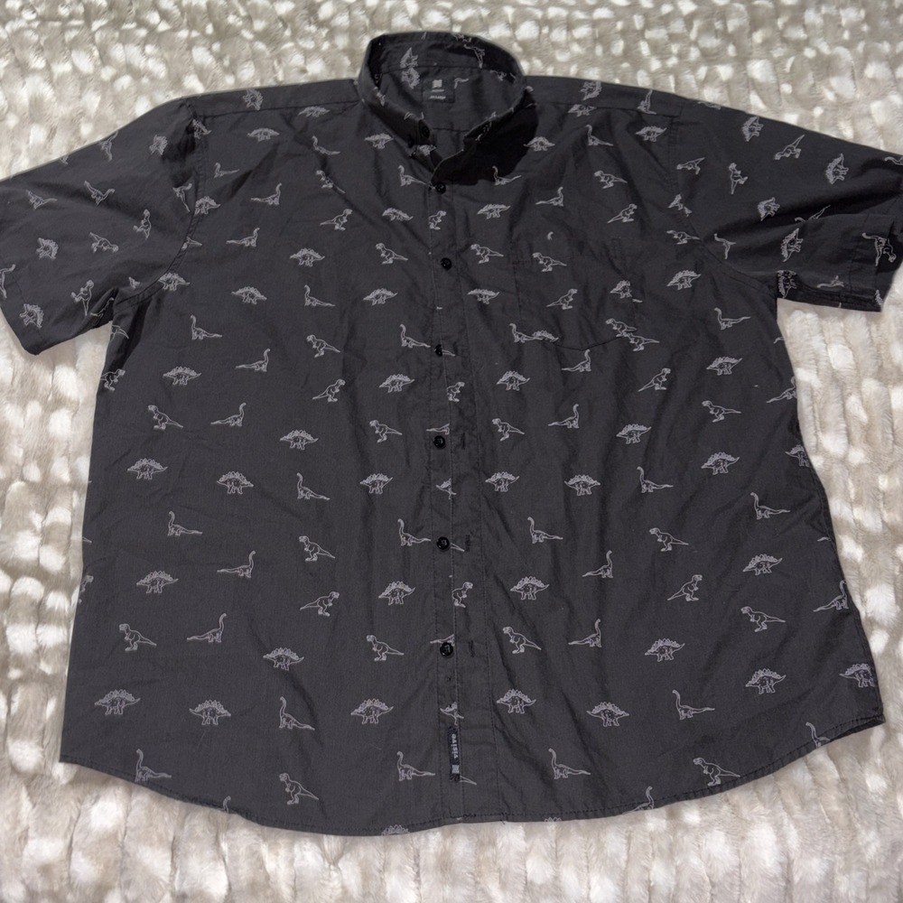 Visive Shirt Men 2XL Navy Blue Dinosaur Dino All Over Print Casual Button Collar